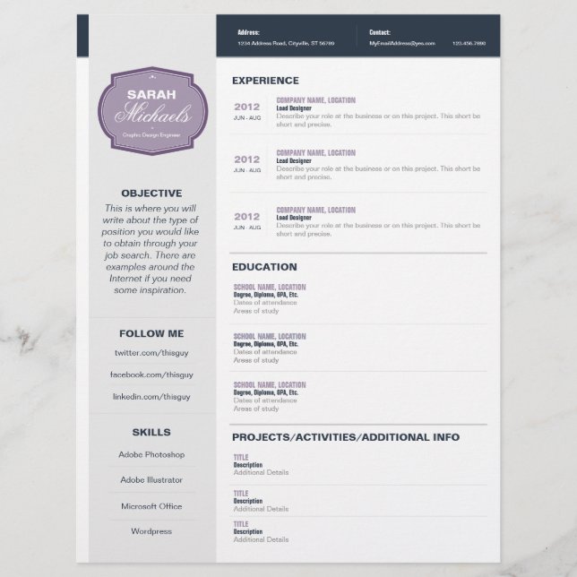 Purple Emblem Resume Letterhead (Front)