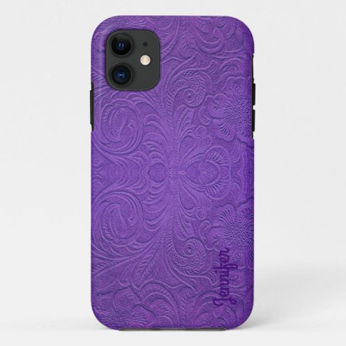 Purple embossed floral design faux suede texture iPhone 11 case
