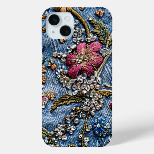 Purple Embroidered Flower on Denim Delight iPhone 15 Plus Case