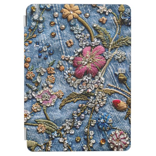 Purple Embroidered Flower on Denim Delight iPad Air Cover