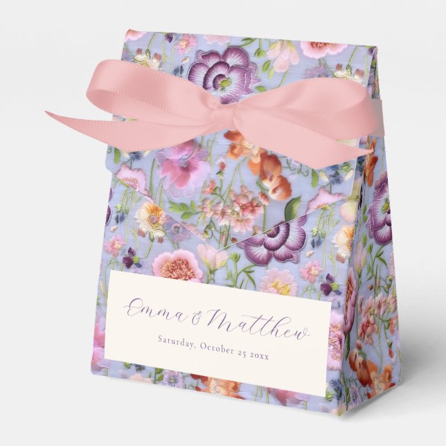 Purple Embroidered Flowers Wedding Favor Boxes (Front Side)