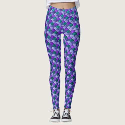 Purple Emerald Green Mermaid Fish Scales Leggings