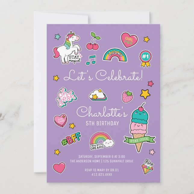 Purple Emoji Sticker Unicorn Girl Birthday Invitation (Front)