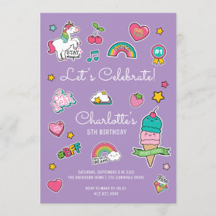 Purple Emoji Sticker Unicorn Girl Birthday Invitation