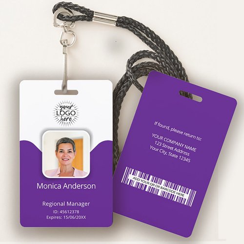 Purple Employee Photo ID Name QR Bar Code Badge