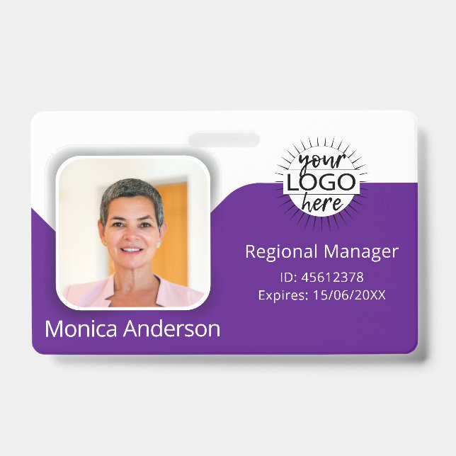 Purple Employee Photo ID Name QR Bar Code Badge (Front)