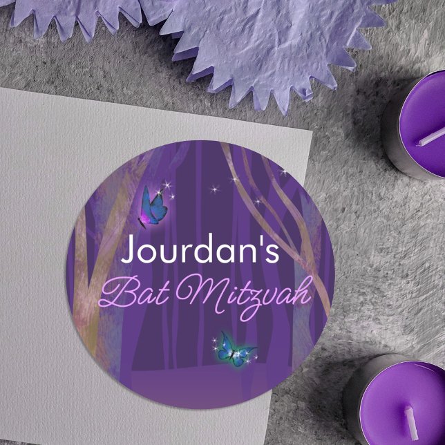 Purple Enchanted Forest, Butterflies Sticker (purple bat mitzvah round stickers with girls name for party favors and envelopes)