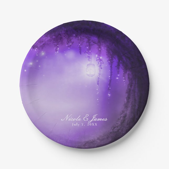 Purple Enchanted Forest Fantasy Wedding Reception Paper Plates (Front)