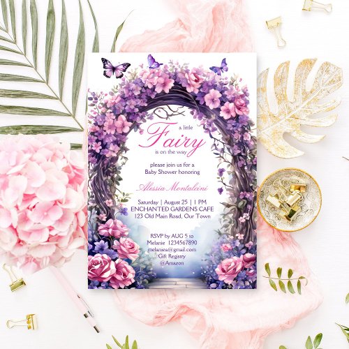 Purple enchanted garden fairy baby shower invitation