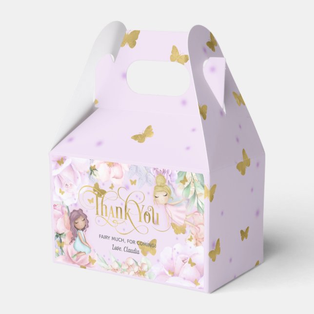 purple enchanted garden fairy, butterfly birthday favor boxes (Front Side)