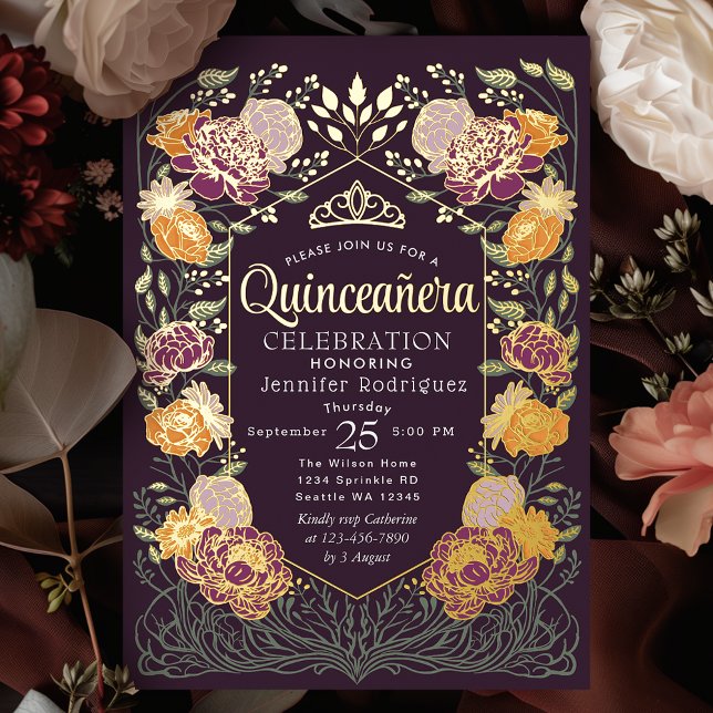 Purple Enchanted Garden Floral Quinceanera  Foil Invitation (Creator Uploaded)