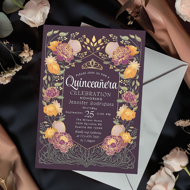 Purple Enchanted Garden Floral Quinceanera  Invitation (Creator Uploaded)