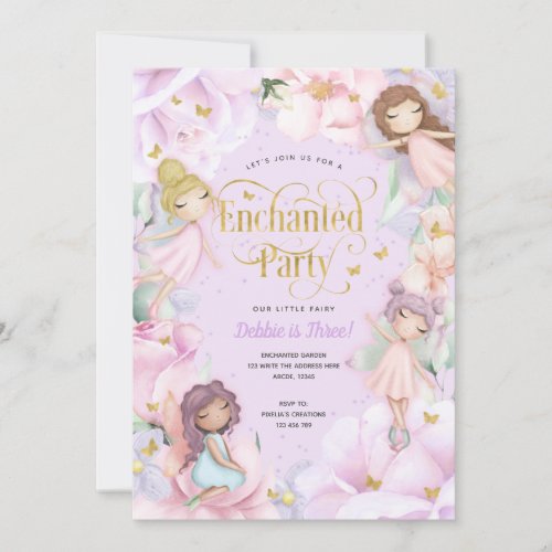 Purple Enchanted party Garden fairy pink birthday Invitation