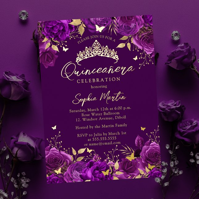Purple Enchanting Floral Butterfly Quinceanera Foil Invitation (Creator Uploaded)