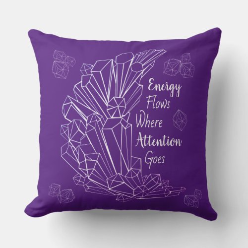 Purple energy crescent moon crystal new age quote throw pillow