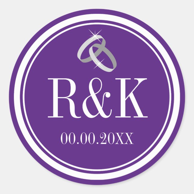 Purple entwined wedding rings party favor stickers (Front)
