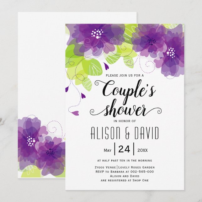 Purple ethereal flowers wedding couples shower invitation (Front/Back)