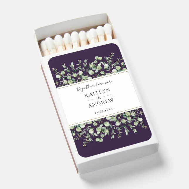 Purple Eucalyptus Together Forever Wedding  Matchboxes (Front Open)