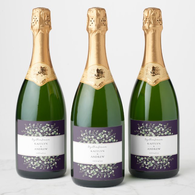Purple Eucalyptus Together Forever Wedding  Sparkling Wine Label (Bottles)