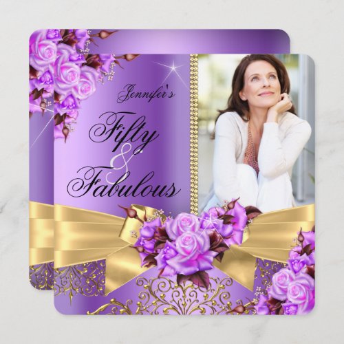 Purple Fabulous 50 Photo Gold Rose Bow Birthday Invitation