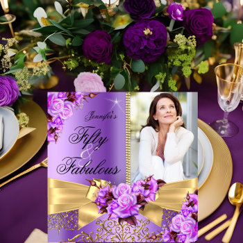 Purple Fabulous 50 Photo Gold Rose Bow Birthday Invitation by Zizzago at Zazzle