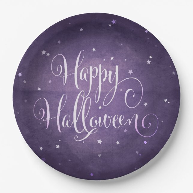 Purple Faded Magical Stars Happy Halloween Party Paper Plates (Front)