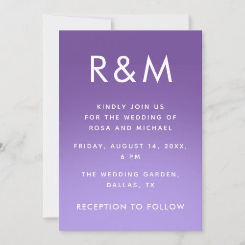 Purple Fading Ombre Modern Minimalist Monogram Invitation