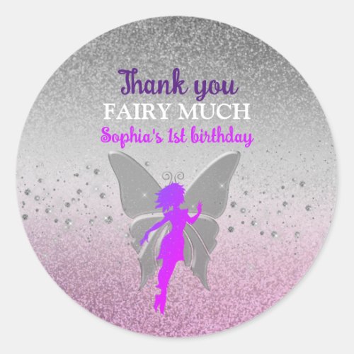 Purple Fairy 1st Birthday Thank You Classic Round Sticker