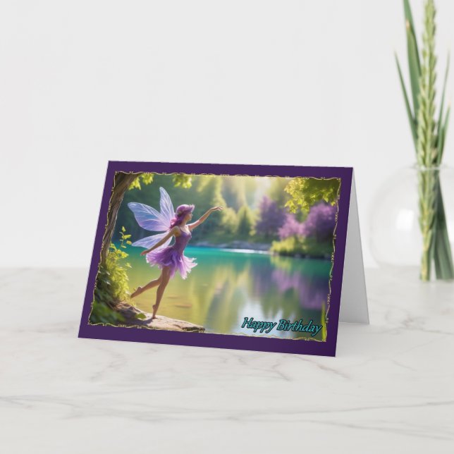 Purple Fairy at Lake Young Girl Birthday Card (Front)