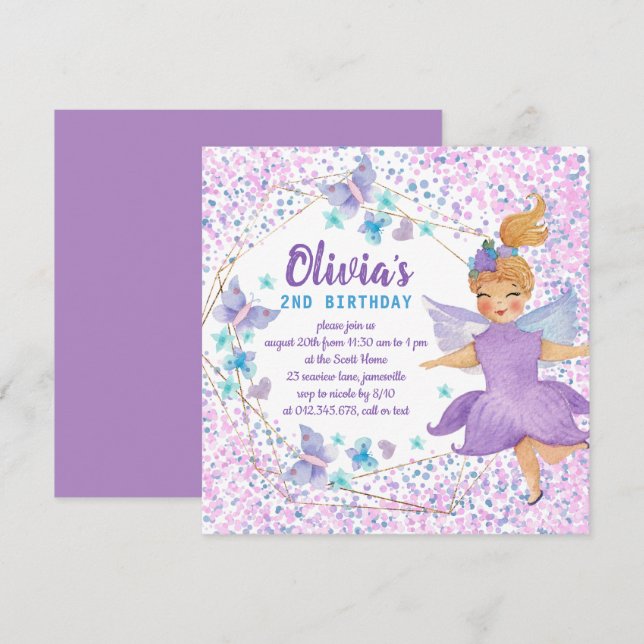 Purple Fairy Butterfly Heart Confetti Birthday Invitation (Front/Back)