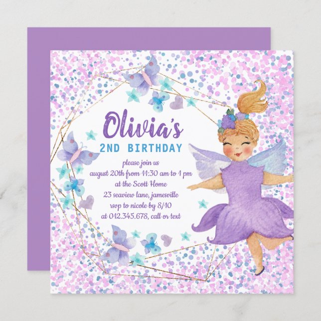 Purple Fairy Butterfly Heart Confetti Birthday Invitation (Front/Back)