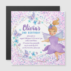 Purple Fairy Butterfly Heart Confetti Birthday Magnetic Invitation
