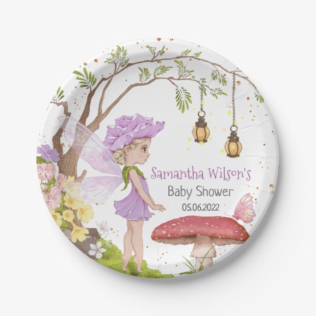 Purple Fairy Floral Baby Shower Paper Plates (Front)