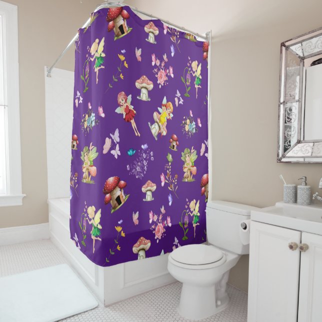 Purple Fairy Flower Butterfly Mushroom Themed Shower Curtain (In Situ)