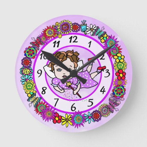 Purple Fairy Flowers and Butterflies Whimsical Round Clock