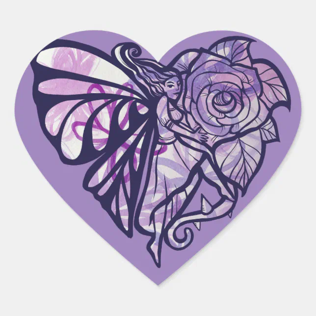 Purple Fairy Garden Rose Fairies Gardening Heart Sticker | Zazzle