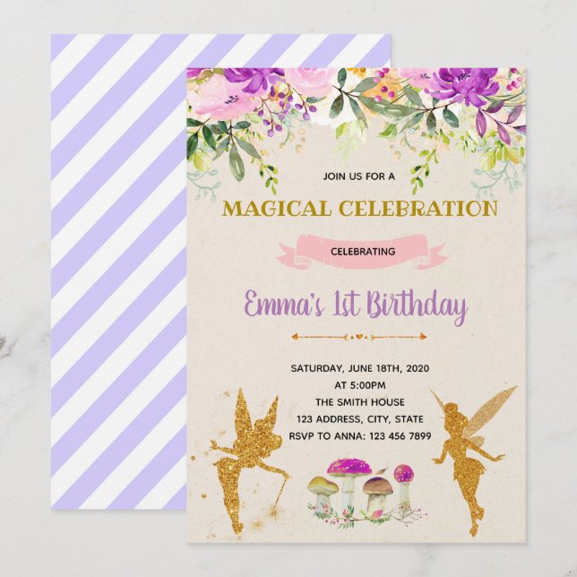 Purple fairy party birthday invitation (Front/Back)