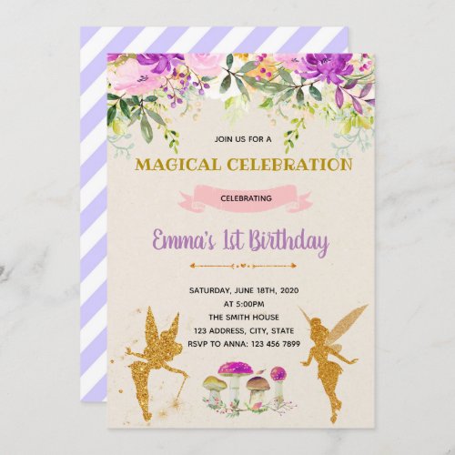 Purple fairy party birthday invitation