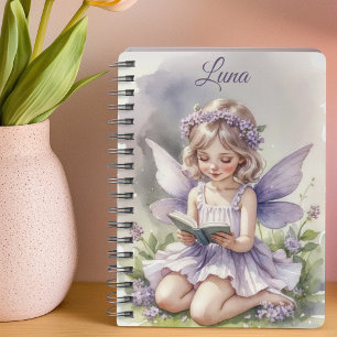 Purple Fairy Reading on Grass Flowers Personalized Notebook