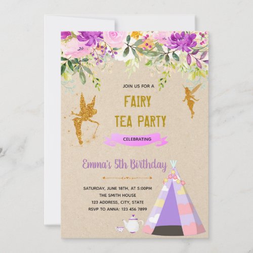 Purple fairy tea sleepover party theme thank you card