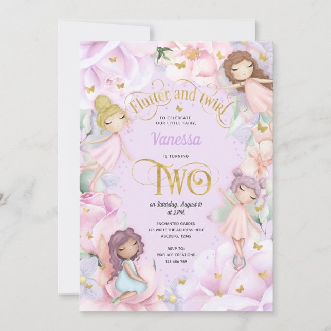 Purple Fairy themed, Girl 2nd birthday Invitation (Front)