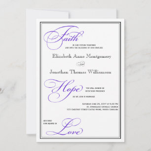 Purple Faith Hope Love Script Wedding Invitation