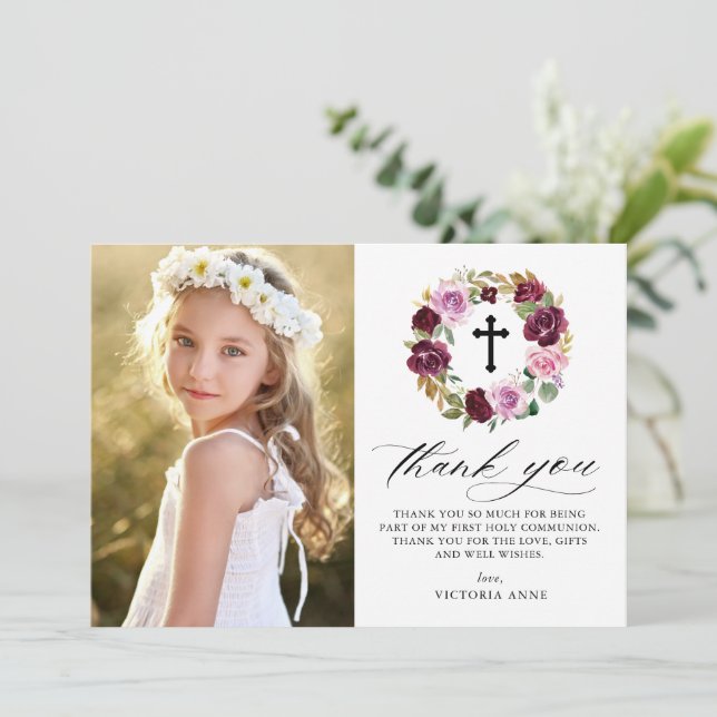 Purple Fall Floral Blooms Wreath First Communion Thank You Card (Standing Front)