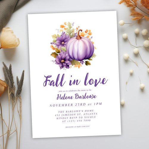 Purple Fall In Love Pumpkin Baby Shower Invitation