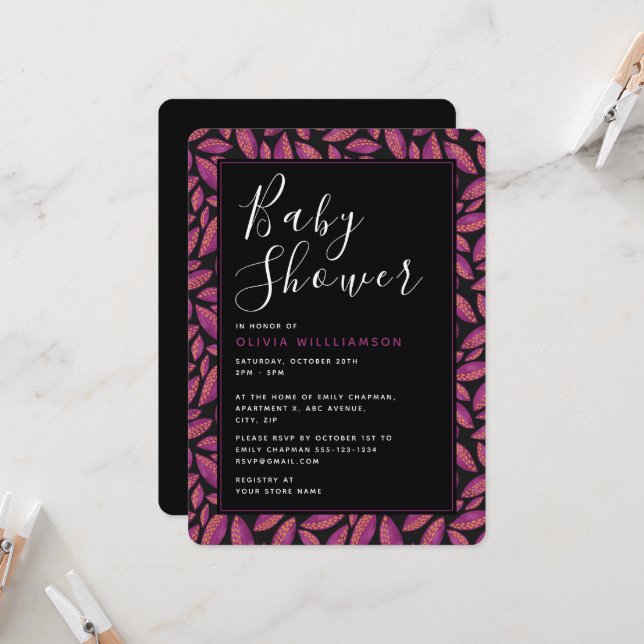 Purple Fall Leaves Baby Shower Invitation (Front/Back In Situ)