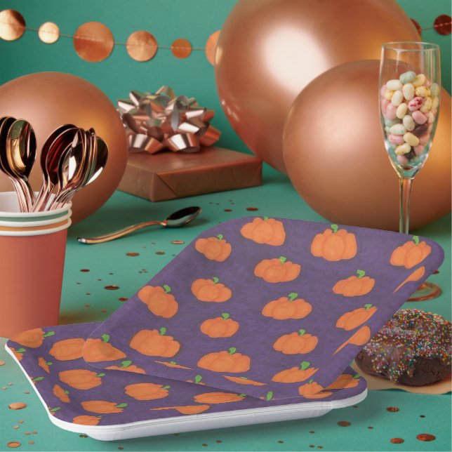 Purple Fall  Pumpkin Pattern Paper Plates (Multi)
