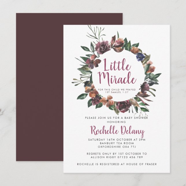 Purple Fall Wreath Little Miracle Baby Shower Invitation (Front/Back)