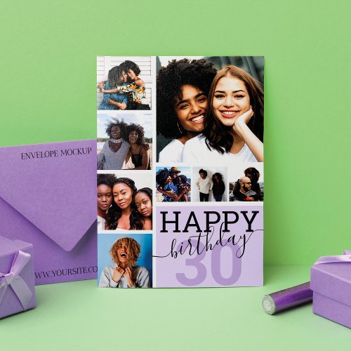 Purple Family Friends Photo Collage Happy Birthday Card