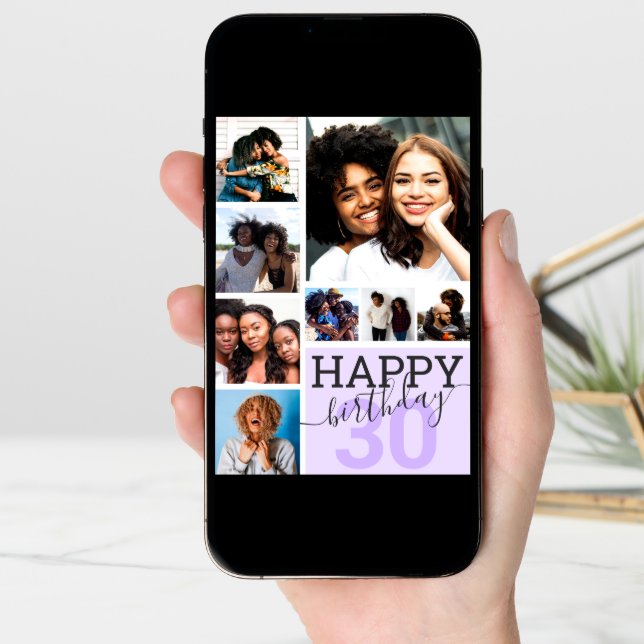Purple Family Friends Photo Collage Happy Birthday Card (Front Digital)