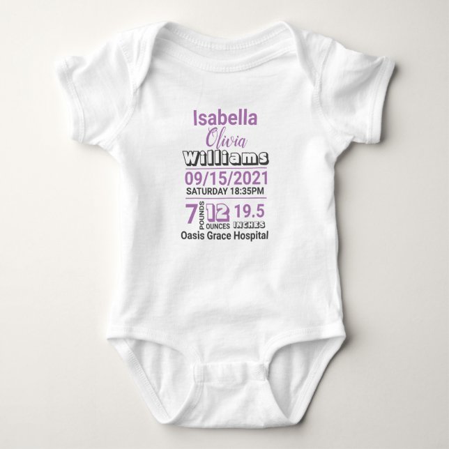 purple family name baby birth stats announcement baby bodysuit (Front)
